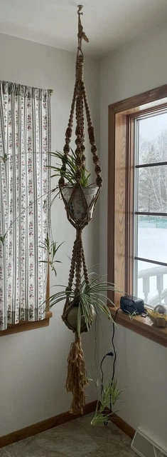 Vtg.  Large Macrame  Hanging 2 Plant Holder Lute Hand Made Beaded 1970s 80”