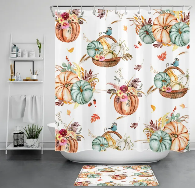 Bird Pink Wildflower Fall Orange Pumpkin Shower Curtain Set for Bathroom Decor