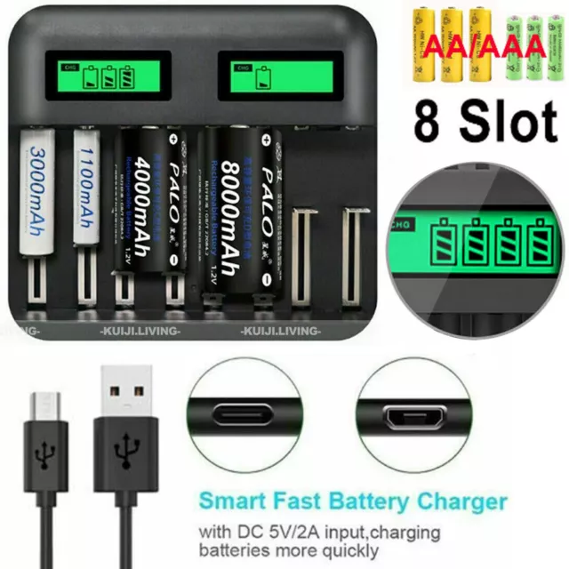 8 Slot Smart Battery Charger Lcd Display For Aa/Aaa/C/D Rechargeable Batteries