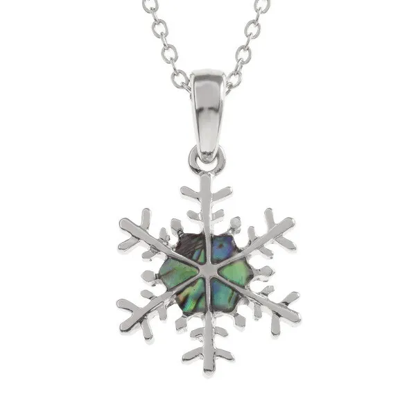 Christmas Snowflake Silver Necklace Pendant Paua Abalone Shell Xmas - Gift Boxed