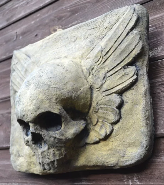 Winged Skull gothic wall plaque stone home or garden ornament 28cm x 23cm