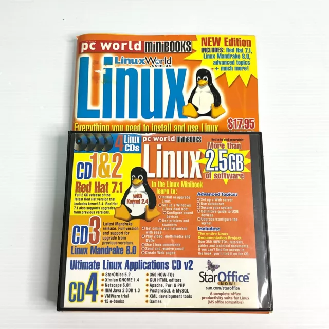 PC World Minibooks Linux Red Hat 7.1 Mandrake 8.0 Ultimate App Software 4x CD