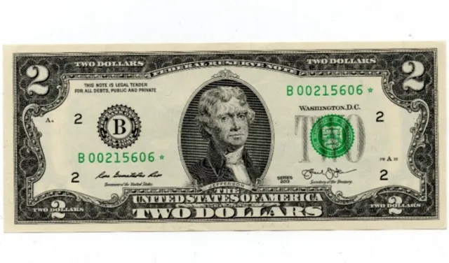 ✯One 2013 $2 DOLLAR BILL Star Replacement Notes, B*(New York), Scarce, UNC.