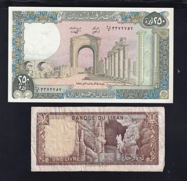 Lebanon Liban Lot Banknotes 250 Livres UNC/1 Livra circulated 2 pieces