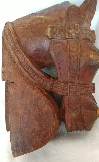 Antique  Horse Head Bust Wall Hanging Hand Carved Wood