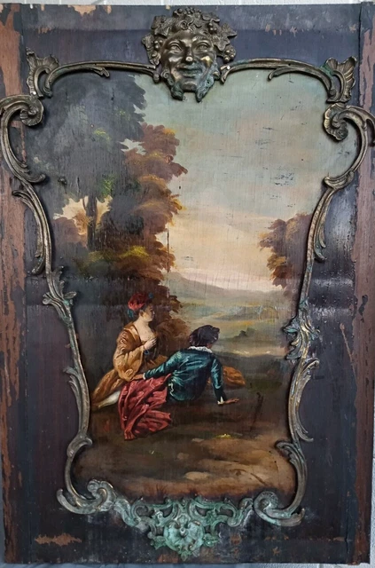 Antique 19th Cent wooden Panel Fragment Bacchus Bronze frame oil Painting Couple