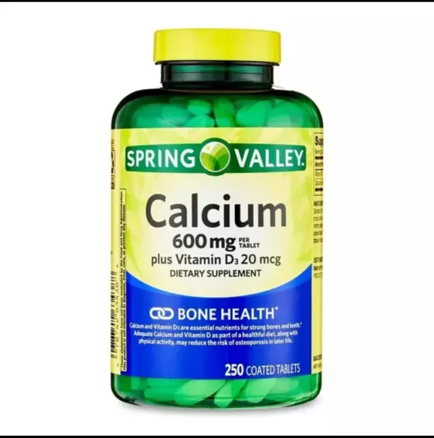 SpringValley Calcium Plus Vitamin D Tablets Dietary Supplement 600 mg 250 Count.