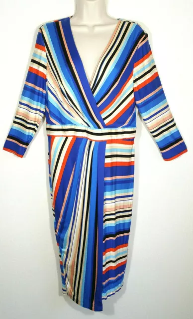 ECI Large Faux Wrap Sheath Dress Blue Orange Striped 3/4 Sleeve Surplice V-neck