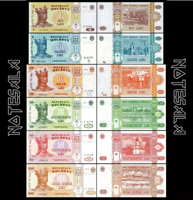 MOLDOVA MOLDAVIA SET 6 Pcs 1, 5, 10, 20, 50 & 100 LEI / LEU 2010/2015 UNC