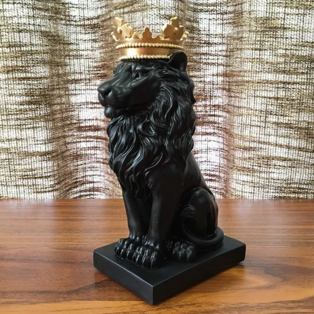 Figura de león real negro corona de oro moderno safari adorno animal regalo en la base