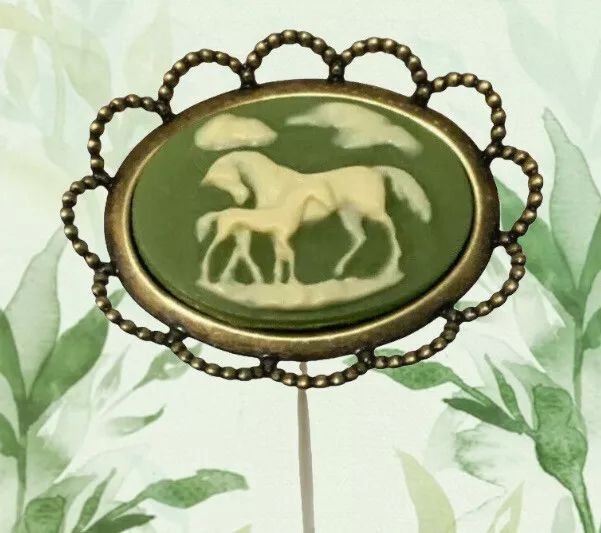 HATPIN with GREEN & IVORY CAMEO of COLT & HORSE / MARE - Antique Brass Finish