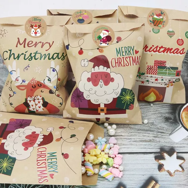 Juego 24 Bolsas Regalo Navidad Papel Kraft Papá Noel Muñeco Nieve Fiesta Dulces 2