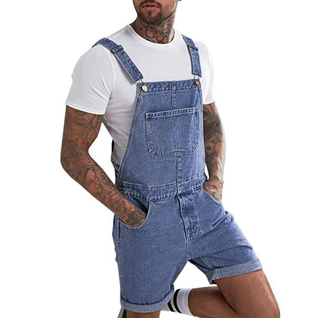 Men's Slim Fit Denim Bib Overalls Jumpsuit Jeans Shorts Workwear Romper Trousers