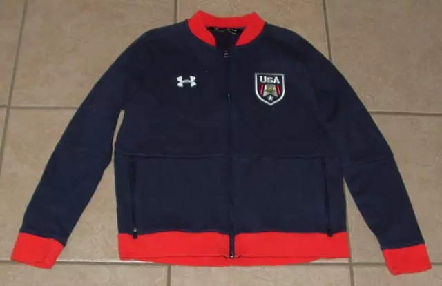 UNDER ARMOUR Boys Large 10 / 12 Navy Blue Full Zip Fleece Lined Patriotic Jacket