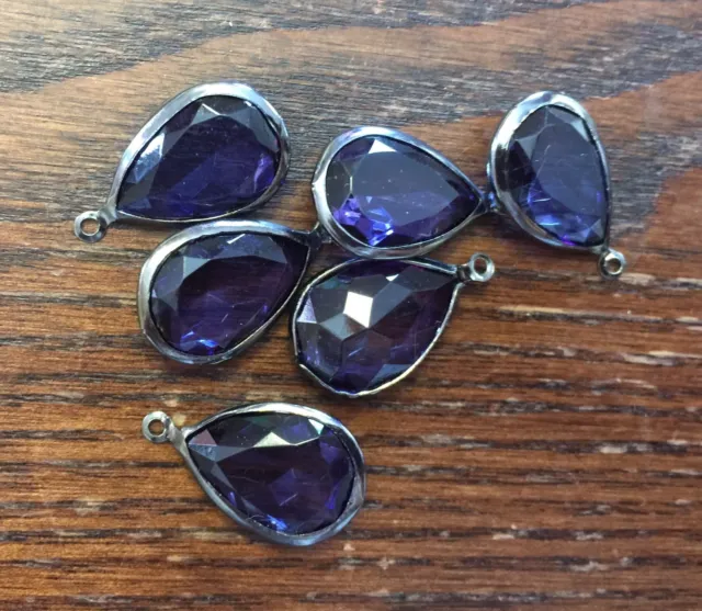 Vintage Purple Iolite Color Lucite Faceted Pear Drop Gunmetal Drops Charms Lot