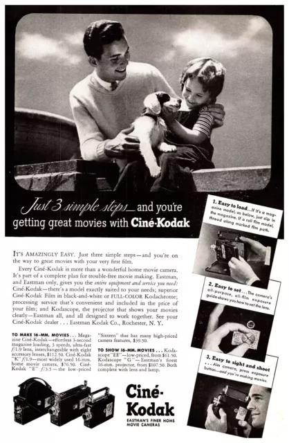 PRINT AD 1945 Cine Kodak 16mm Movie Film Father Daughter Cute Puppy 6.5x10