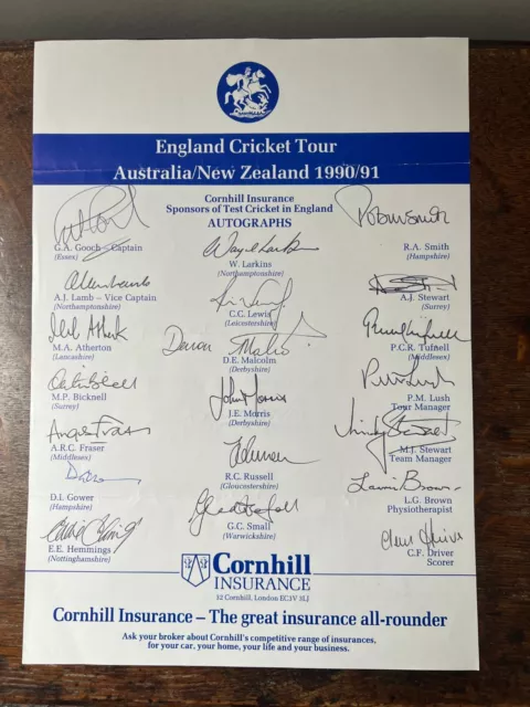 Ashes 1990/91 England Tour Team sheet hand signed Australia & New Zealand