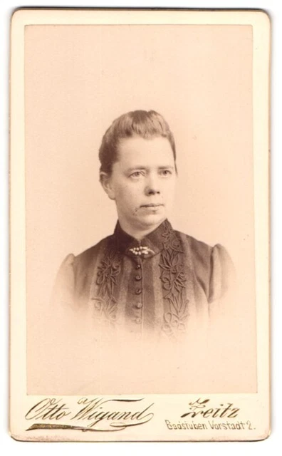 Fotografie Otto Wigand, Zeitz, Badstubenvorstadt 2, Dame im bestickten Kleid