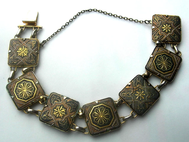 Bracelet Vintage Tolède En Acier Damasquiné - 7 Modules Avec Chaîne De Sécurité - Occasion