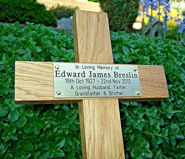 17" Tall Oak Wooden Memorial Cross Wood Grave Marker Free Engraving on Plaque