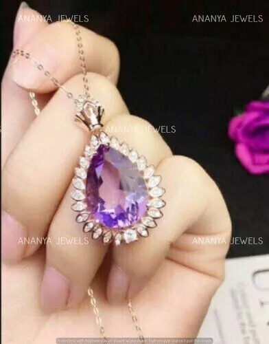 2.00Ct Lab-Created Amethyst Tear Drop Halo Pendant Necklace 14K Rose Gold Plated