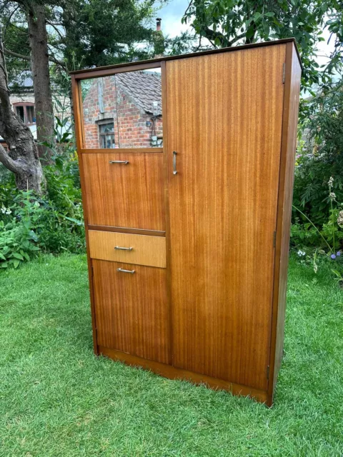 Vintage Mid Century Teak Veneer Wardrobe Tallboy Mirrored 2