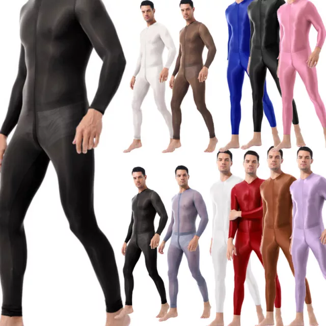 Mens Lingerie Shiny Glossy Jumpsuits One-piece Smooth Leotard Bodysuit Romper