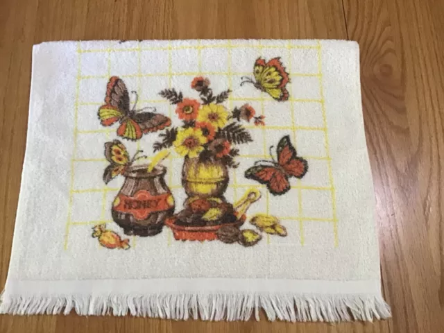 Vintage MCM Fringed Kitchen Towel Butterflies Flowers Yellow Brown Orange USA