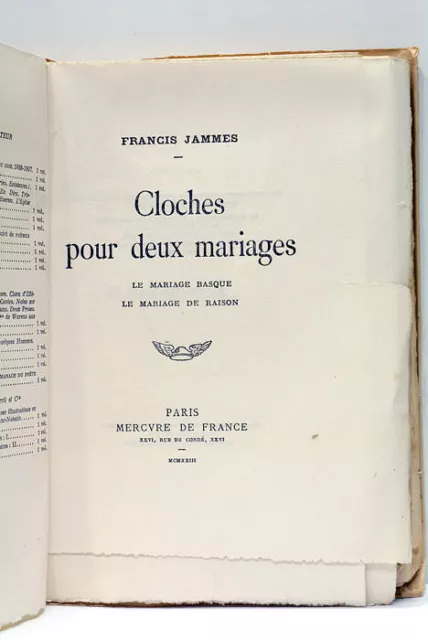 Livre Ancien Jammes Cloches Pour Deux Mariages Edition Originale Numeroté 1923