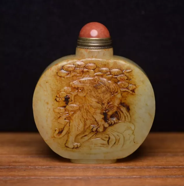 Chinese Hetian Jade Snuff Bottle Carving Animal Tiger Statue Antique Sculpture