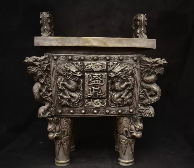 18.4 " Old Chinese Copper Silver Dynasty Dragon Beast Incense burner Censer Ding