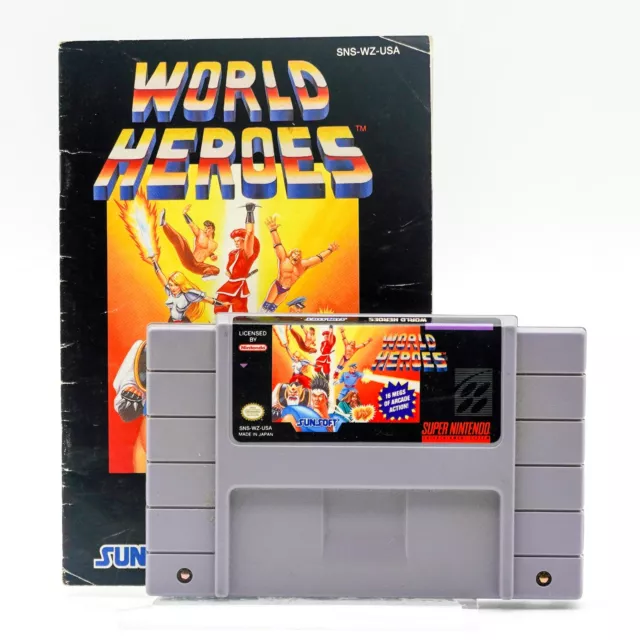 Super Nintendo SNES World Heroes Retro Fighting Video Game SunSoft 1993 + Manual