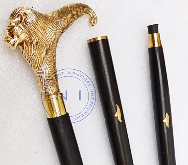 Brass Walking Stick Solid Vintage Designer Lion Head Wooden Cane Antique Style