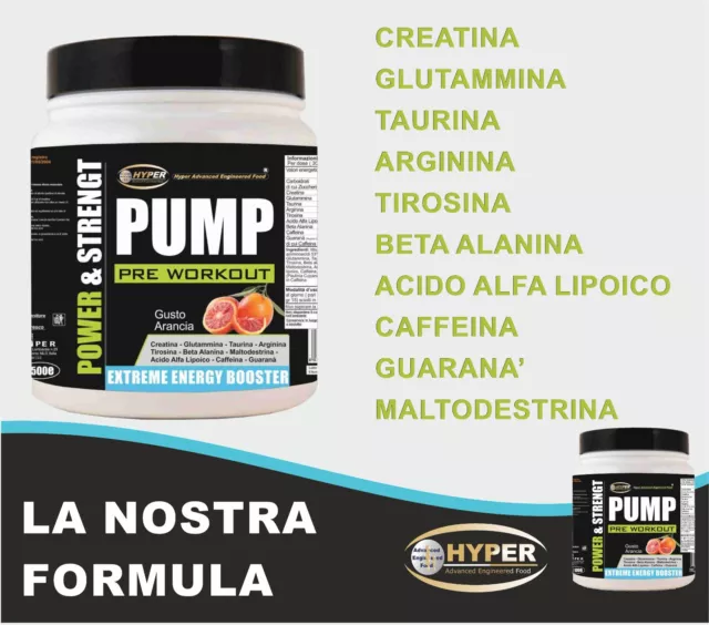 PRE WORKOUT PUMP POWDER MASSA MUSCOLARE Creatina Arginina Taurina caffeina g500 3