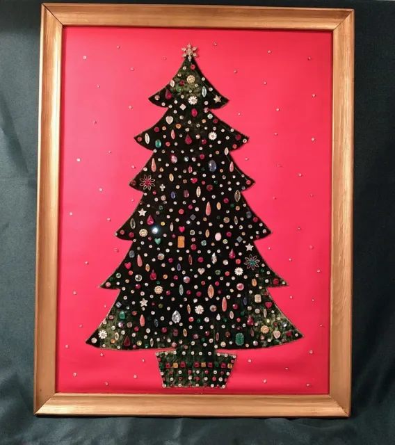 Vintage Gold Framed Jeweled Velvet Christmas Tree Picture Handmade 15.5 x 20.25"
