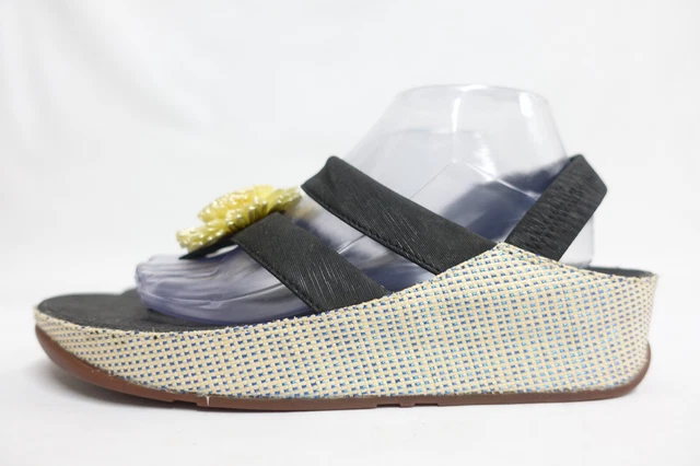 FITFLOP Rosita Black/Yellow 10 Women Thong Slip-On Wedge Sandals 3