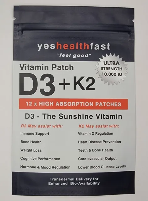 D3 10,000IU + K2 500mcg Sunshine Vitamin Ultra Strength Transdermal Patches