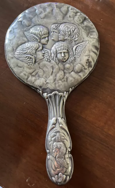 Silver Hand Mirror- W. J, Myatt  -Reynolds Angels -Birmingham 1906 Art Nouveau