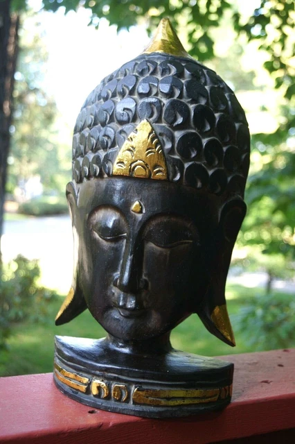 Wooden Buddha Carved Bust Hand Painted 16"H x 9"W