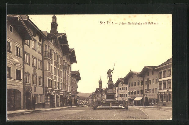 AK Bad Tölz, Untere Marktstraße mit Rathaus 1919