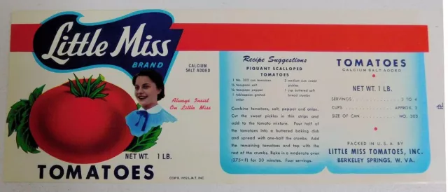 25  Vintage  Little Miss Tomatoes can Labels...Berkeley Springs, West Virginia