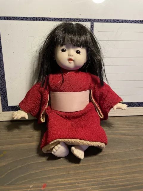 Vintage Japanese Baby Girl Doll Traditional Kimono 7" Gofun Ichimatsu Glass Eyes