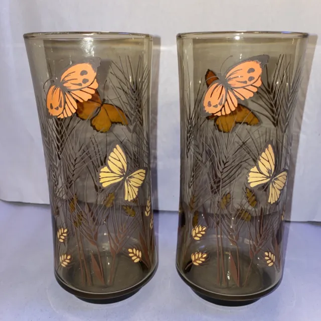 Vintage Libbey Drinking Glasses Amber Monarch Butterfly Wheat Pattern - Set of 2