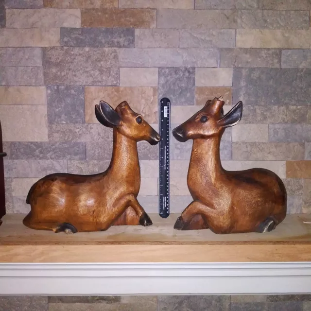 Solid Wood Carved Deer Buck Set Mantle Christmas Decor Large 12 Inch Folk Art
