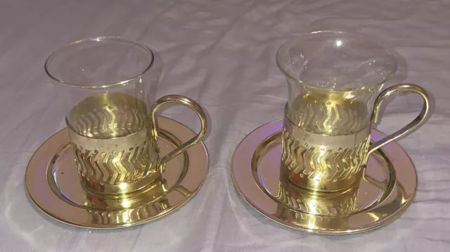 Expresso Shot Glasses Gold Tone Handles Holders And Plates Set of 2 Vintage