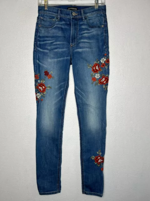 Express Jeans Women 6 High Rise Floral Embroidered Denim Legging Distress Jeans