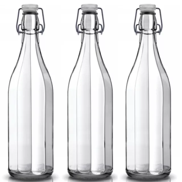 3 Bottiglie In Vetro Costolata Da 1 Litro Con Tappo Ermetico Per Acqua Vino Olio