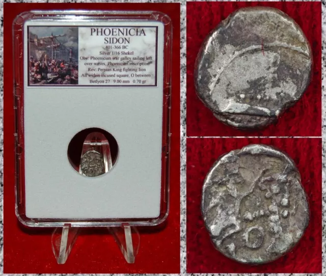 Ancient Coin PHOENICIA Sidon Galley King Fighting Lion Silver 1/16 Shekel