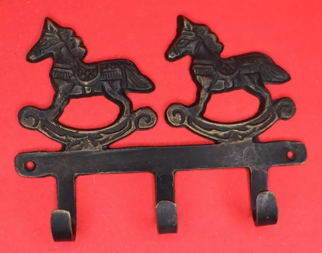 Two Horse Shape Vintage Antique Style Handmade Brass Key Cloth Cap 3 Hook Hanger