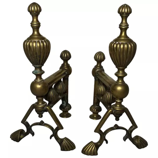 Pair Fine Antique 19th Century Victorian Brass Fire Dogs Reeded Finials Paw Feet